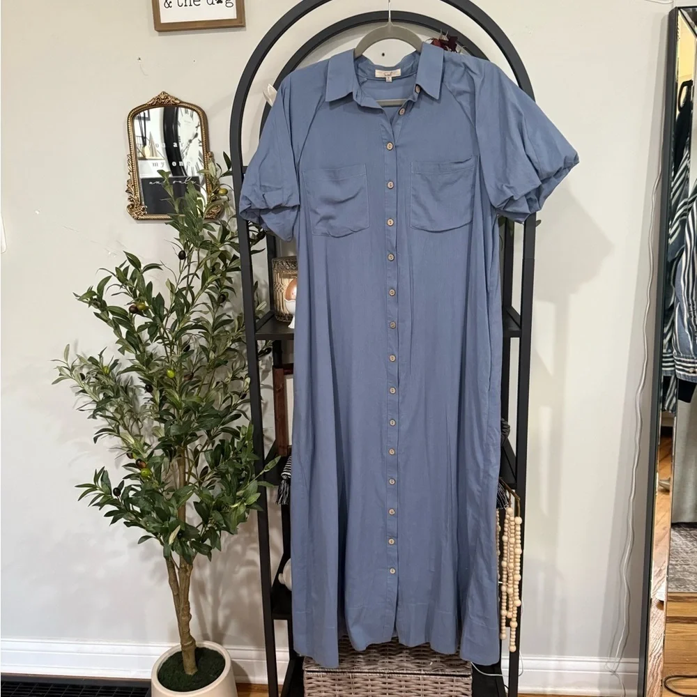 Easel Gray Puff Sleeve Polo Collar Maxi Dress size small - Picture 2 of 9